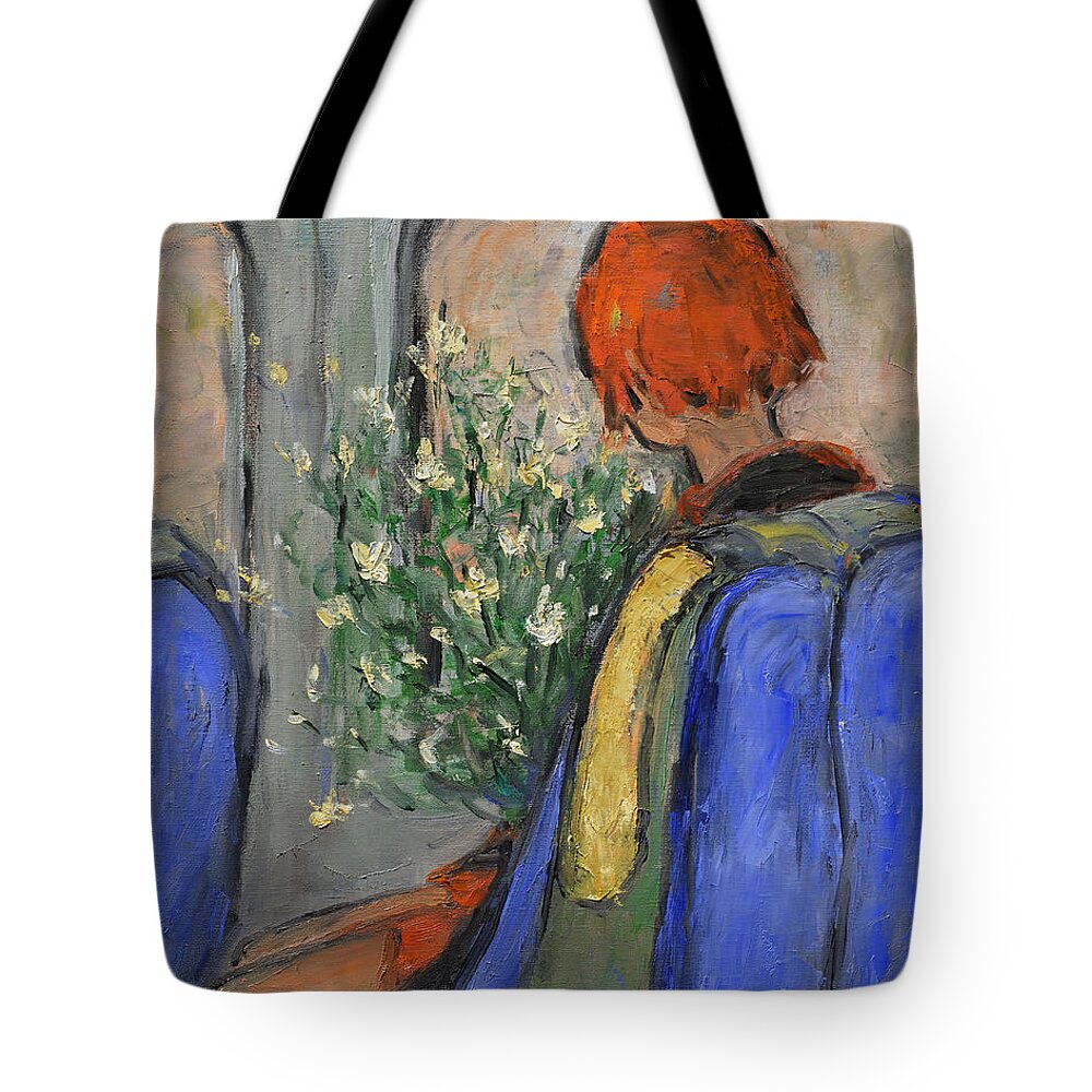 Red-haired Tote Bag featuring the painting Red-Haired Girl on a Sydney Train by Xueling Zou