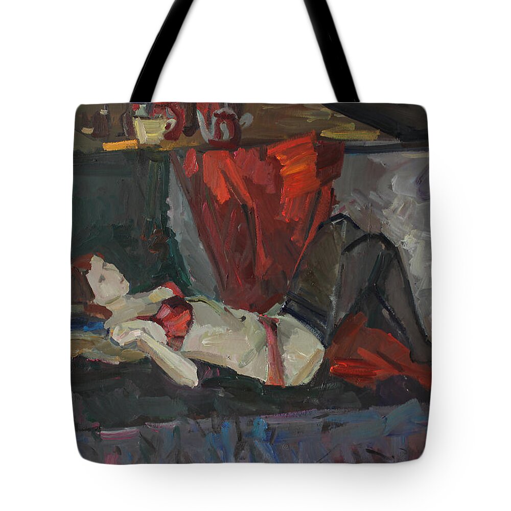 Nude Tote Bag featuring the painting Red lingerie by Juliya Zhukova