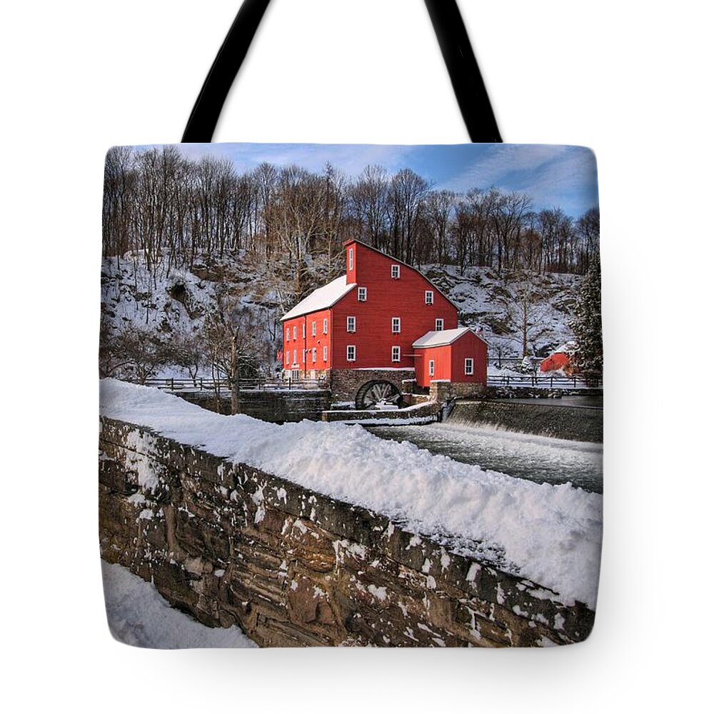 Red Mill Tote Bag featuring the photograph Red Mill Winter 2009 by Pat Abbott