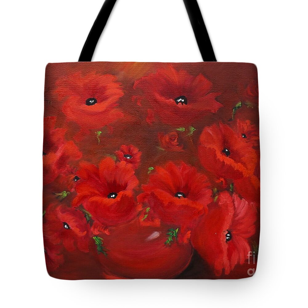 Red Flower Arrangement Tote Bag featuring the painting Red Poppies by Jenny Lee