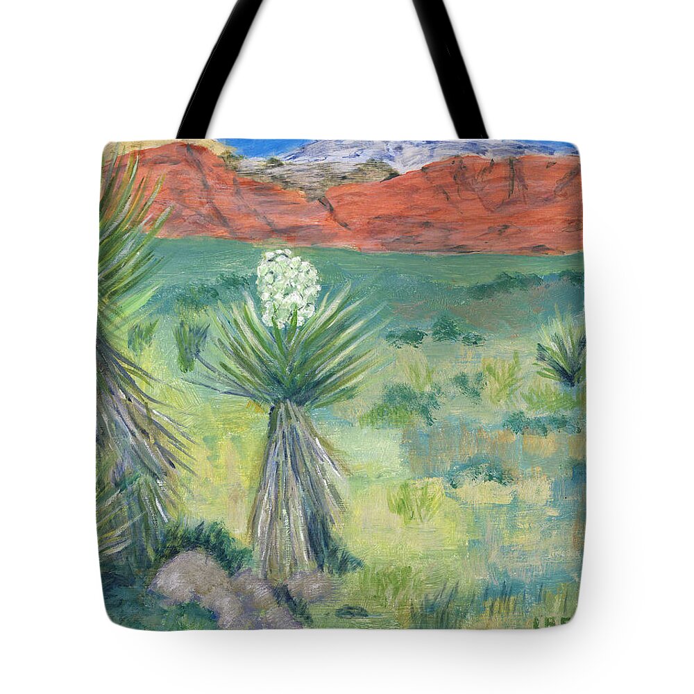 Nevada Tote Bag featuring the painting Red Rock Canyon with Yucca by Linda Feinberg