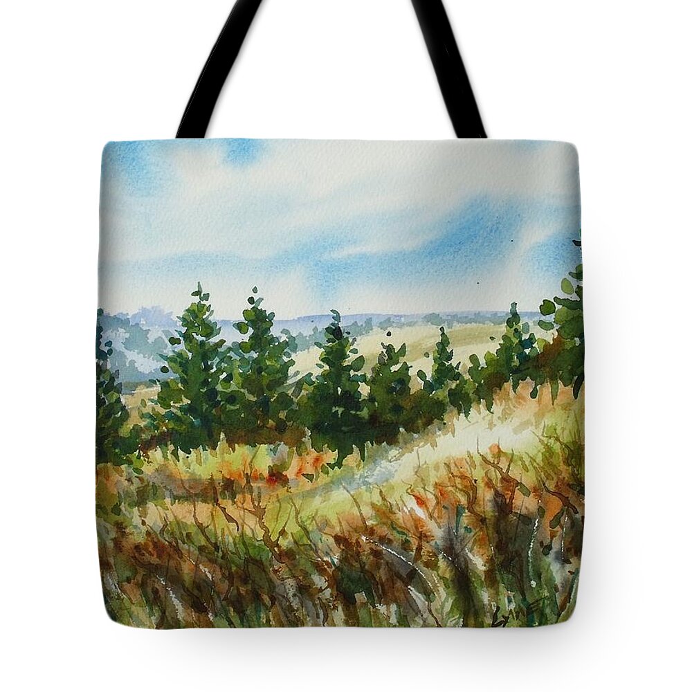Pine Trees Tote Bag featuring the painting Red Rock View Road by Lynne Haines