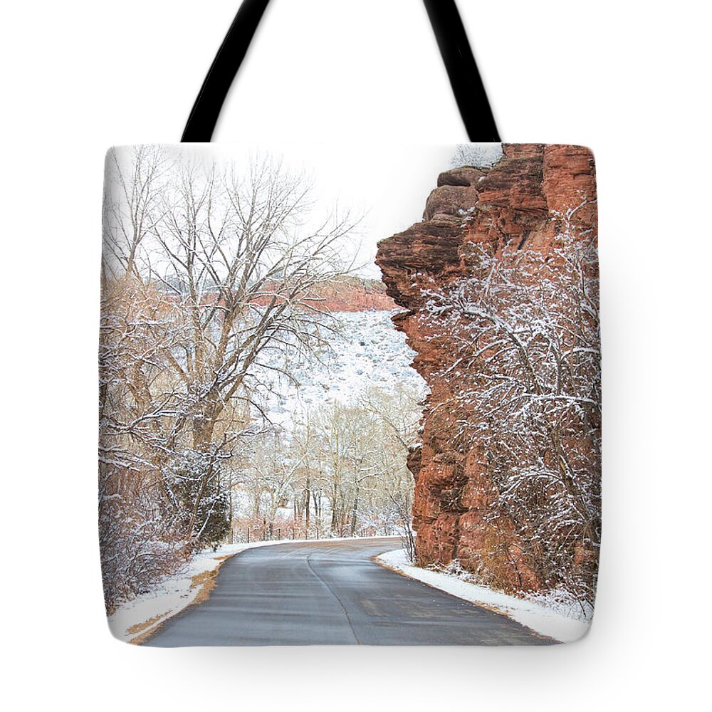 Red Rocks Tote Bag featuring the photograph Red Rocks Winter Landscape Drive by James BO Insogna