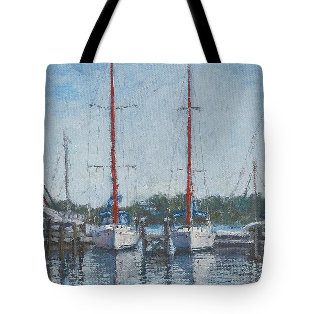 Red Sails Tote Bag featuring the painting Red Sails Under Gray Sky by Ritchie Eyma