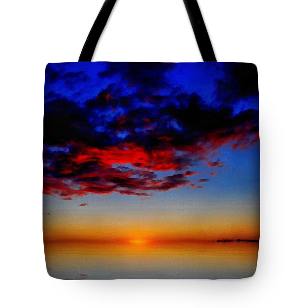 Sea Scape Tote Bag featuring the painting Red Skies by Richard Worthington