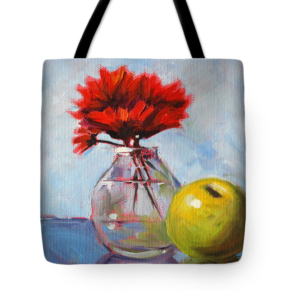 Red Flowers Tote Bag featuring the painting Red Still by Nancy Merkle