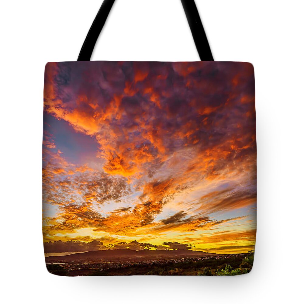 Waianae Mountain Range Tote Bag featuring the photograph Red Sunset Behind the Waianae Mountain Range by Aloha Art