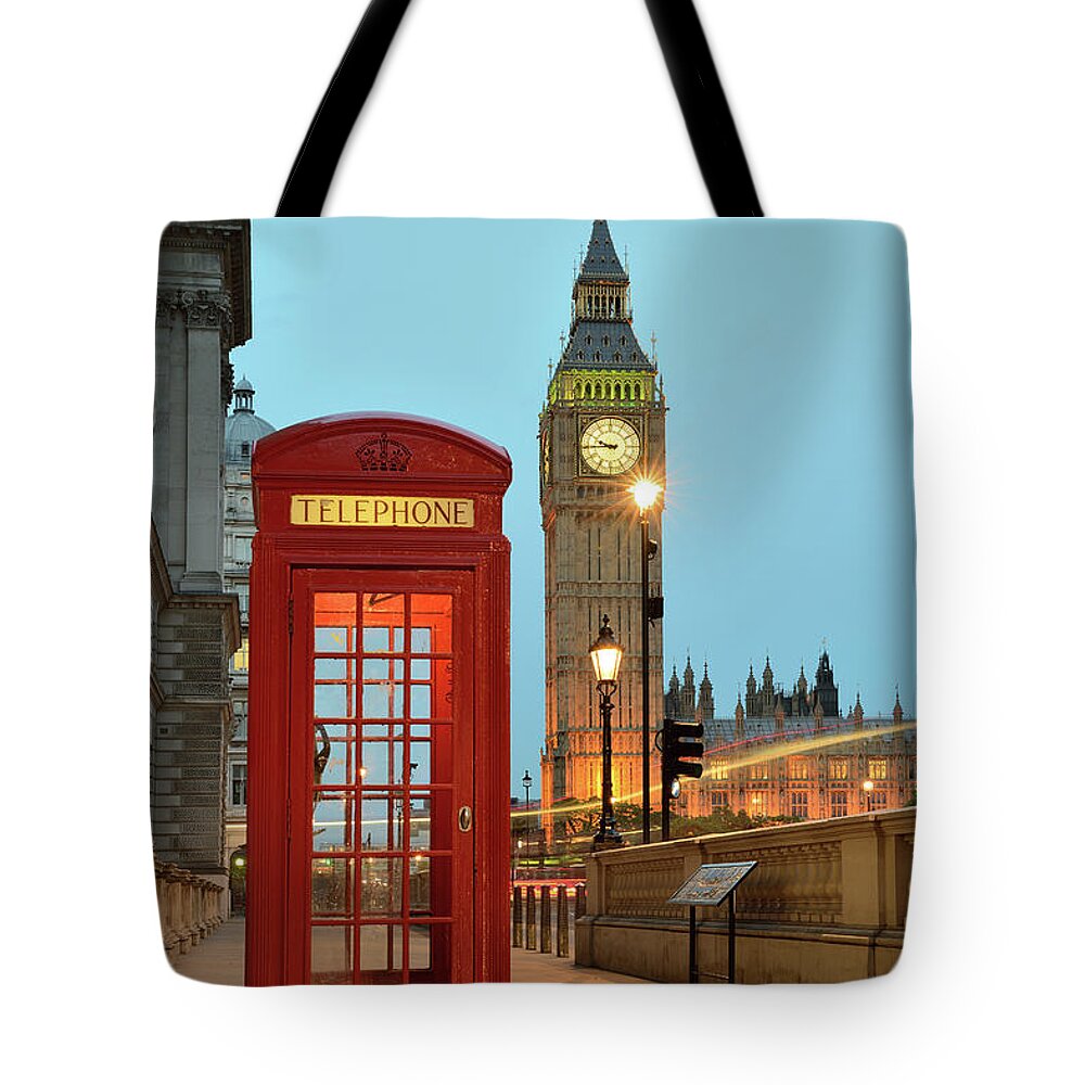 Tranquility Tote Bag featuring the photograph Red Telephone Box And Big Ben In London by Arpad Lukacs Photography