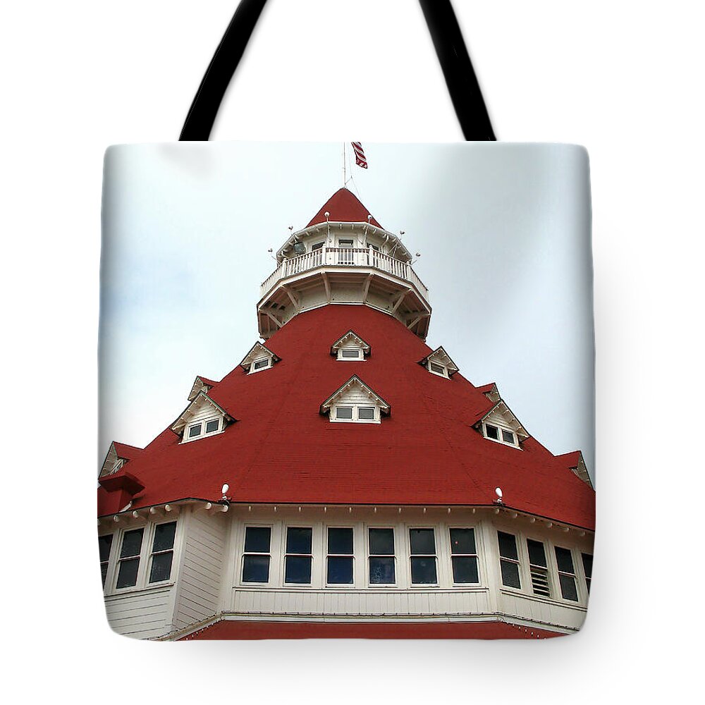 Turret Tote Bag featuring the photograph Red Turret - Hotel del Coronado by Connie Fox