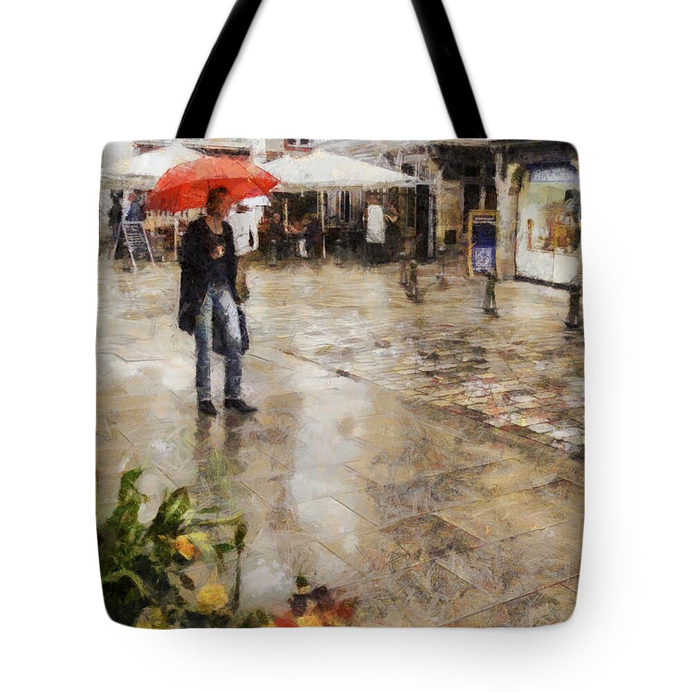 Red Tote Bag featuring the photograph Red Umbrella by Nigel R Bell