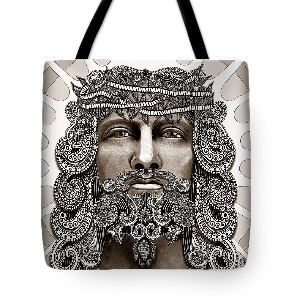 Jesus Tote Bag featuring the mixed media Redeemer - Modern Jesus Iconography - copyrighted by Christopher Beikmann