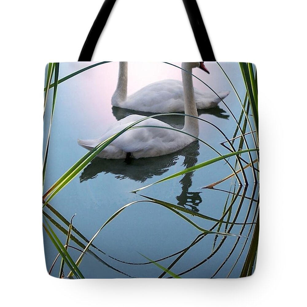 Swans Tote Bag featuring the digital art Reeds by Bill Stephens
