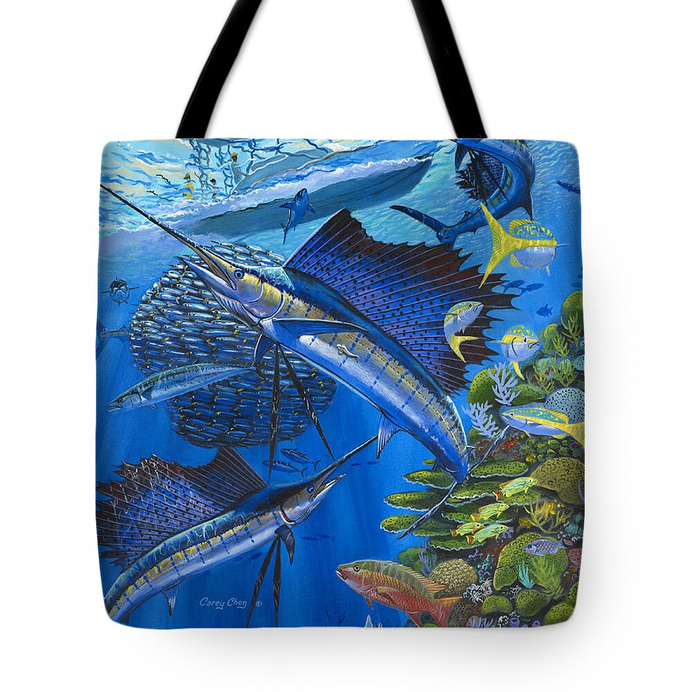 Ballyhoo Tote Bag featuring the painting Reef Frenzy OFF00141 by Carey Chen