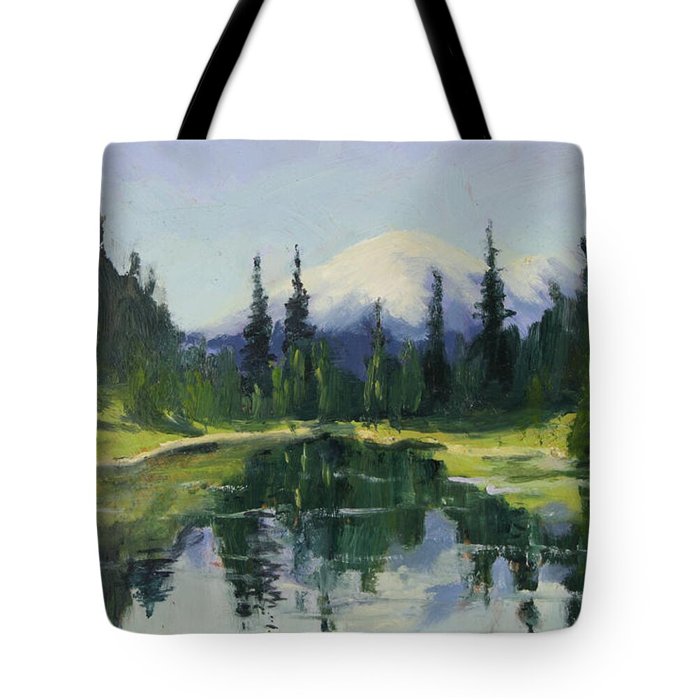 Mountain Tote Bag featuring the painting Picnic by the Lake II by Maria Hunt