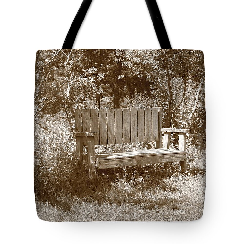 Landscape Tote Bag featuring the photograph Reflecting Bench by Karen Silvestri