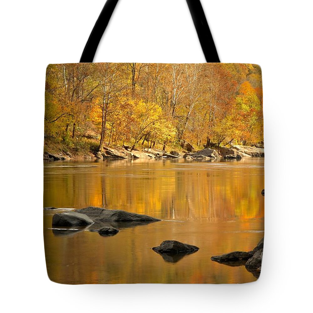 New River Tote Bag featuring the photograph Reflections And River Rocks In The New River by Adam Jewell