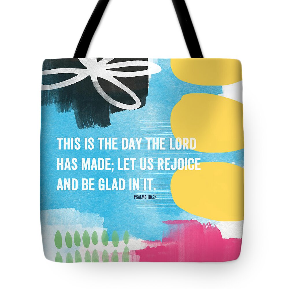 Rejoice Tote Bag featuring the mixed media Rejoice and Be Glad- contemporary scripture art by Linda Woods