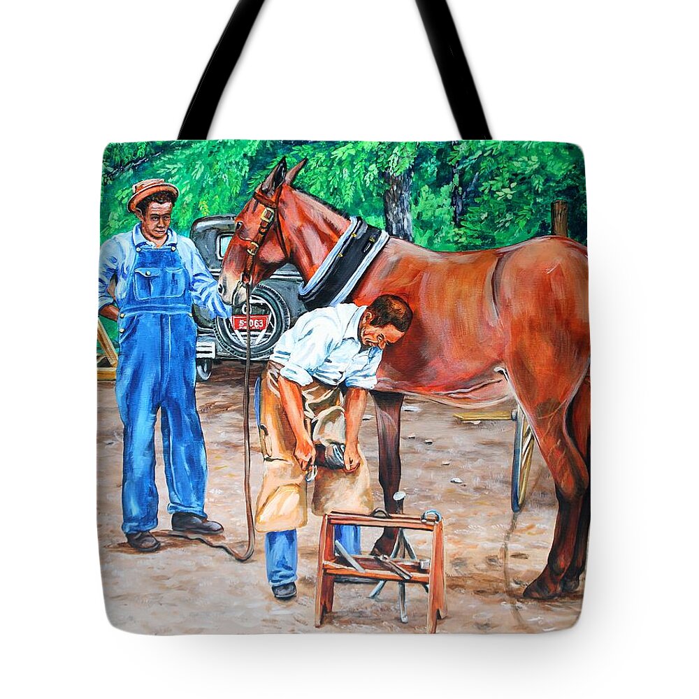 Farrier Tote Bag featuring the painting Reshoeing the Farm Mule by Karl Wagner