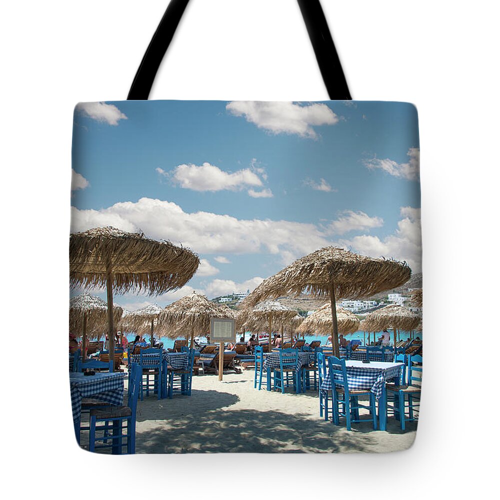 Shadow Tote Bag featuring the photograph Restaurant On The Beach, Mykonos by Ed Freeman