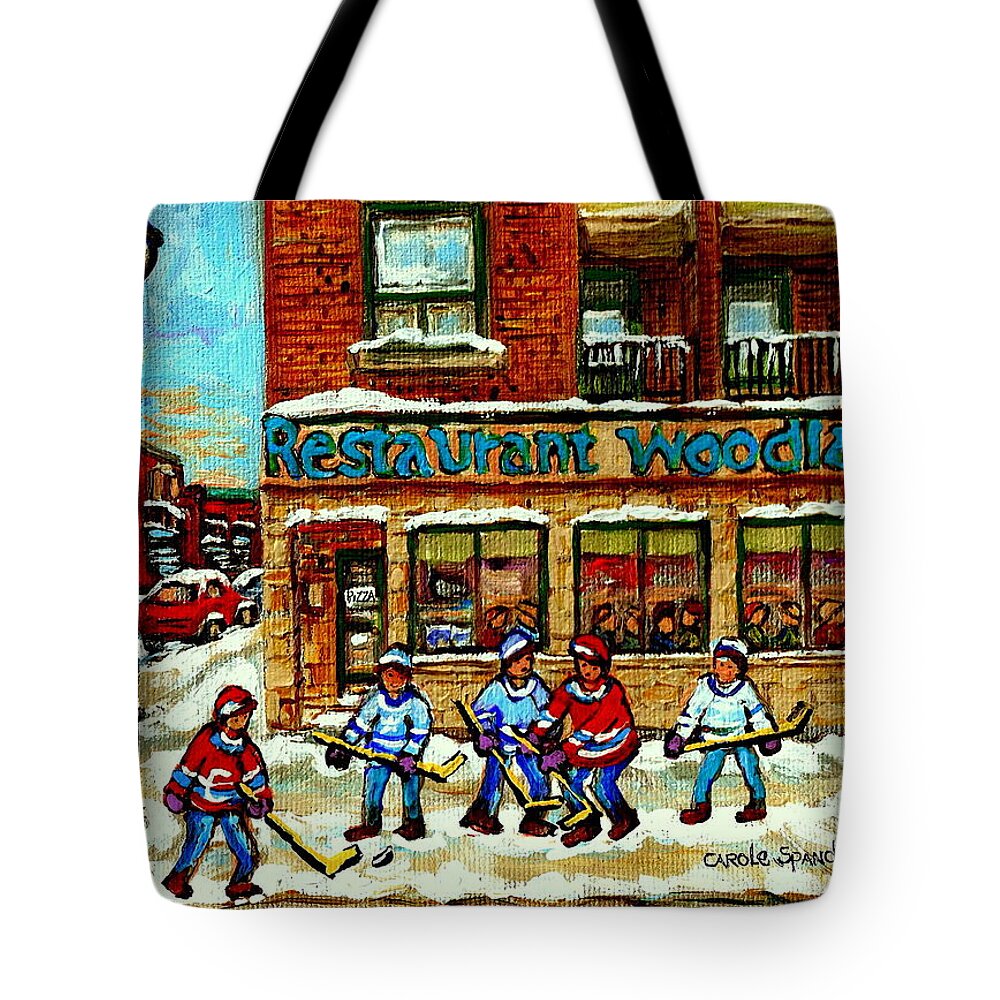 Montreal Tote Bag featuring the painting Restaurant Woodland Pizza Rue Wellington Verdun Original Hockey Art Montreal Paintings Commissions  by Carole Spandau