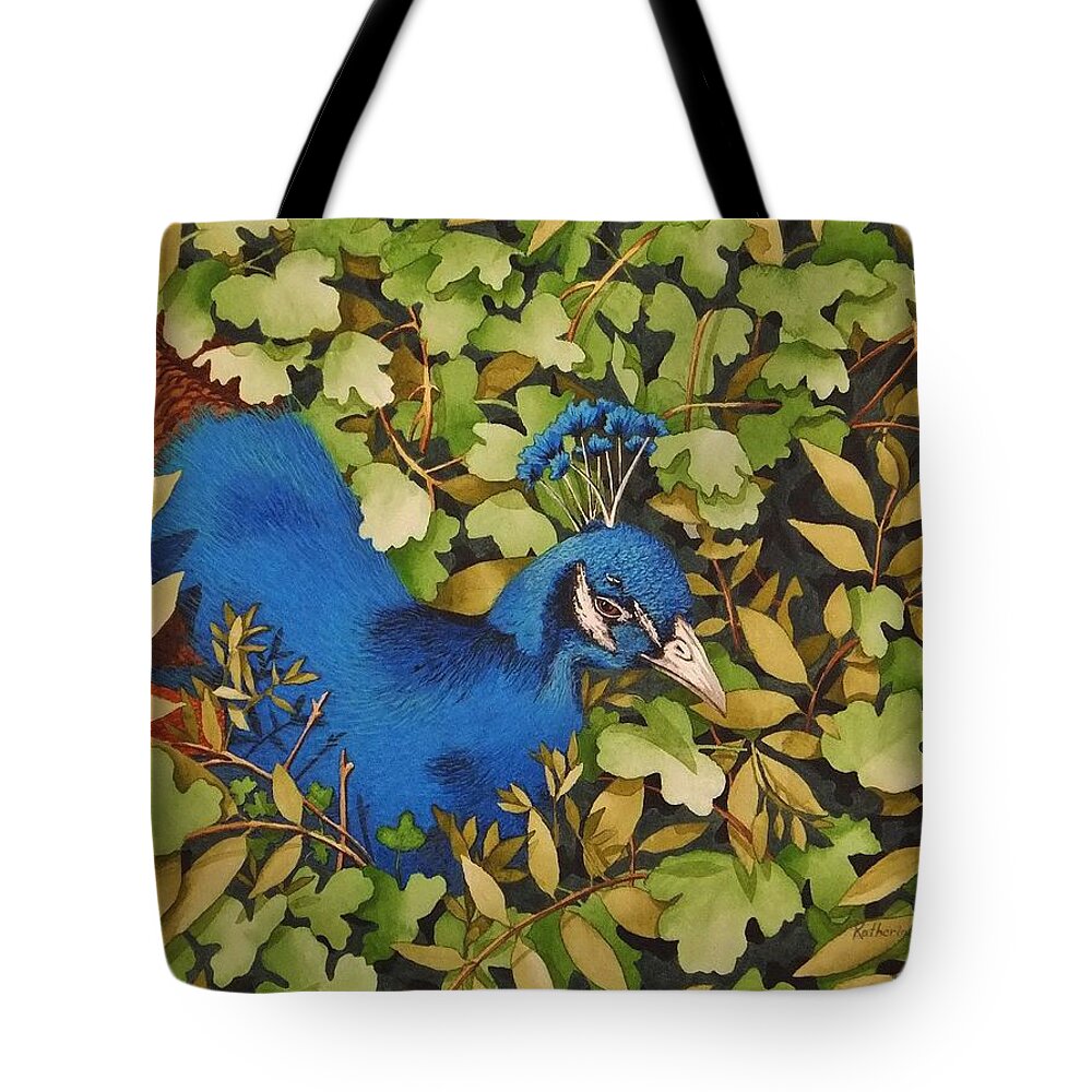 Print Tote Bag featuring the painting Resting Peacock by Katherine Young-Beck