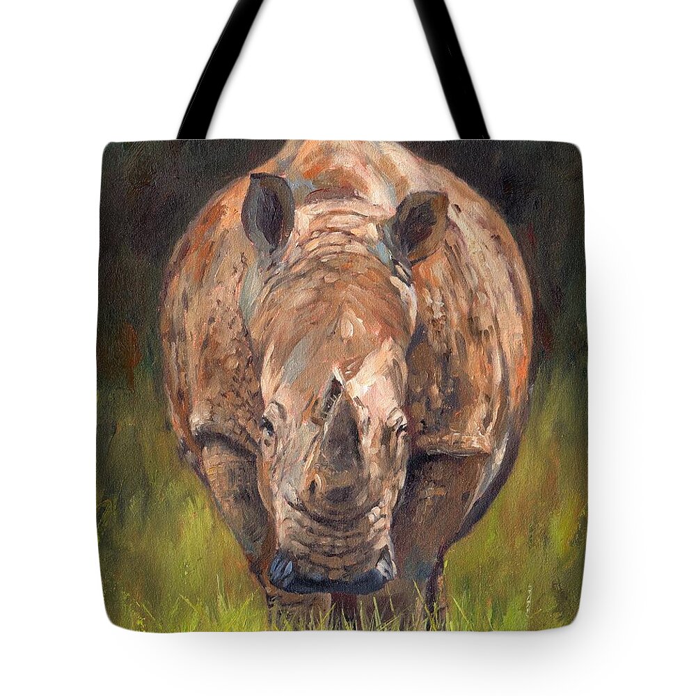 Rhino Tote Bag featuring the painting Rhino by David Stribbling