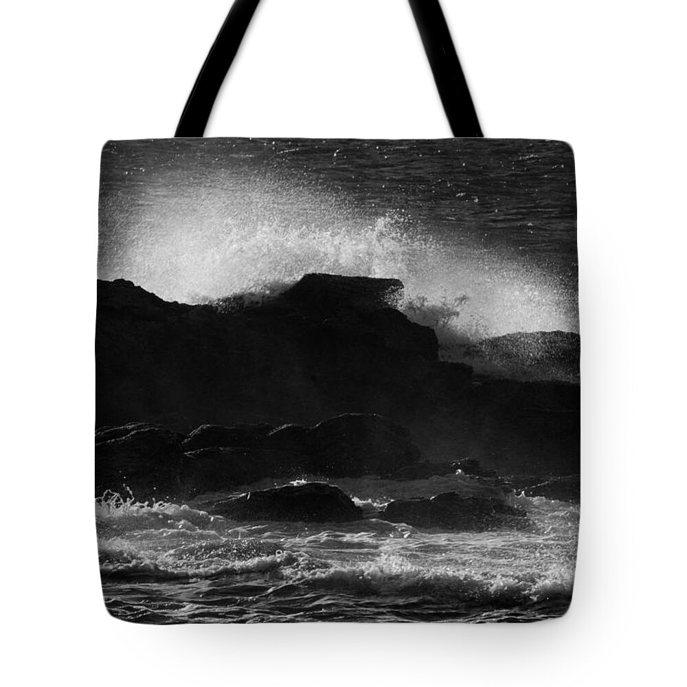 Coast Tote Bag featuring the photograph Rhode Island Rocks with Crashing Wave by Nancy De Flon