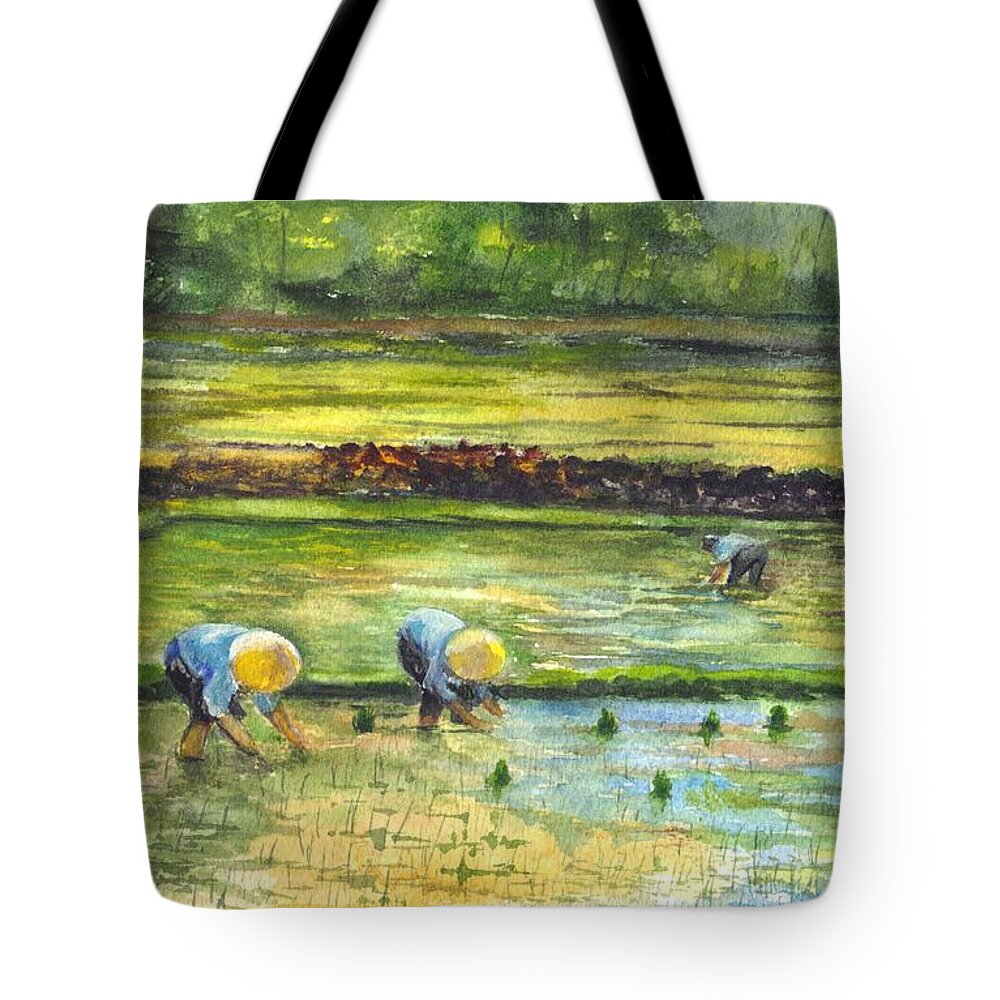 Rice Fields Tote Bag featuring the painting The Rice Paddy Field by Carol Wisniewski