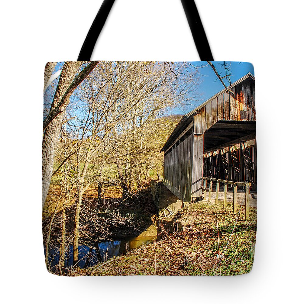 Ringo Tote Bag featuring the photograph Ringos Mill Covered Bridge by Mary Carol Story
