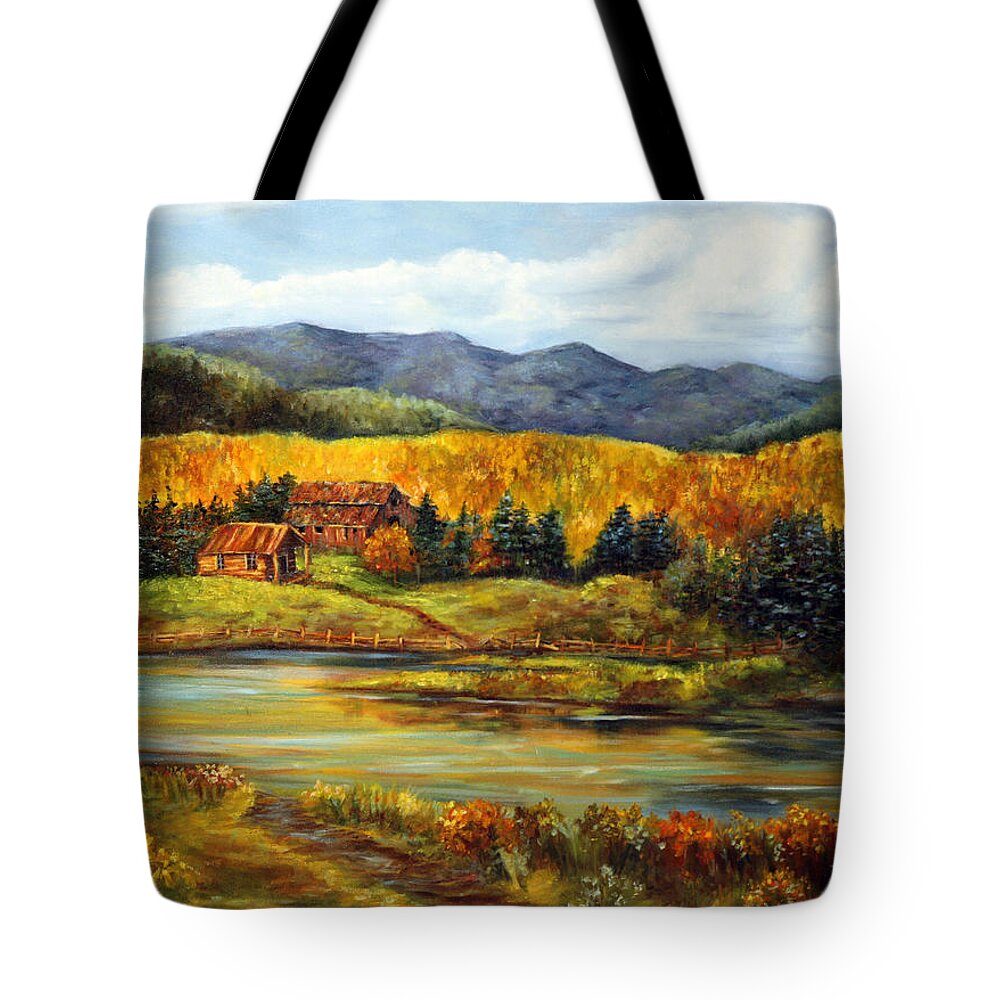 Ranch Tote Bag featuring the painting River Ranch by June Hunt