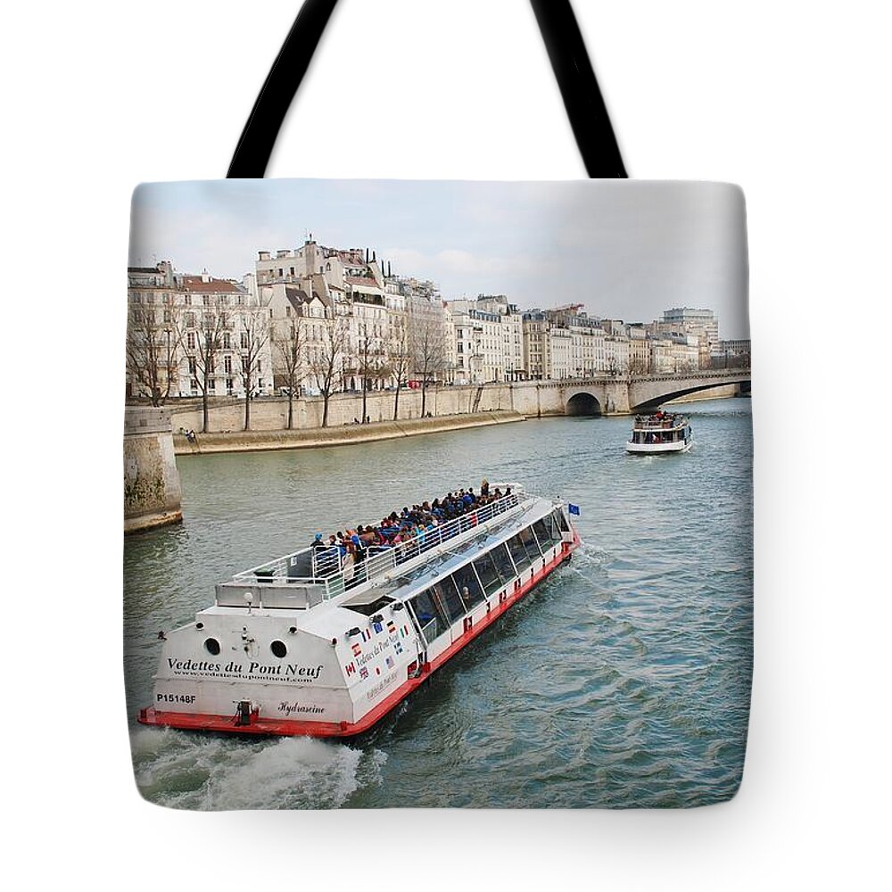 Bank Tote Bag featuring the photograph River Seine excursion boats by David Fowler