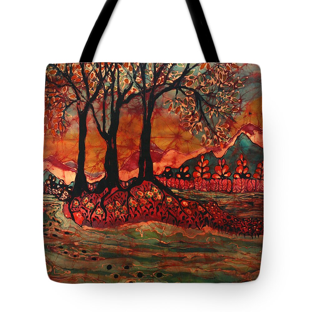 Landscape Tote Bag featuring the tapestry - textile River Sunrise - Lothlorien by Carol Law Conklin
