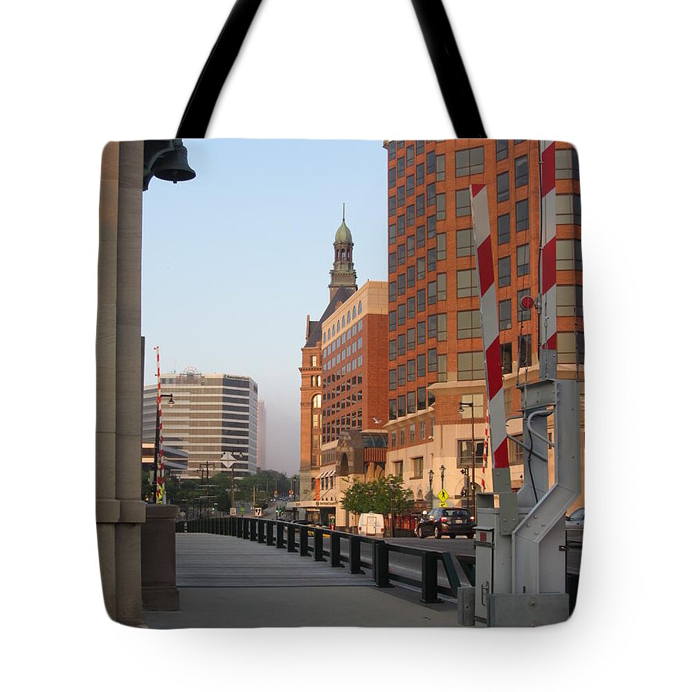 Milwaukee Tote Bag featuring the photograph Riverwalk Bridge Crossing by Anita Burgermeister