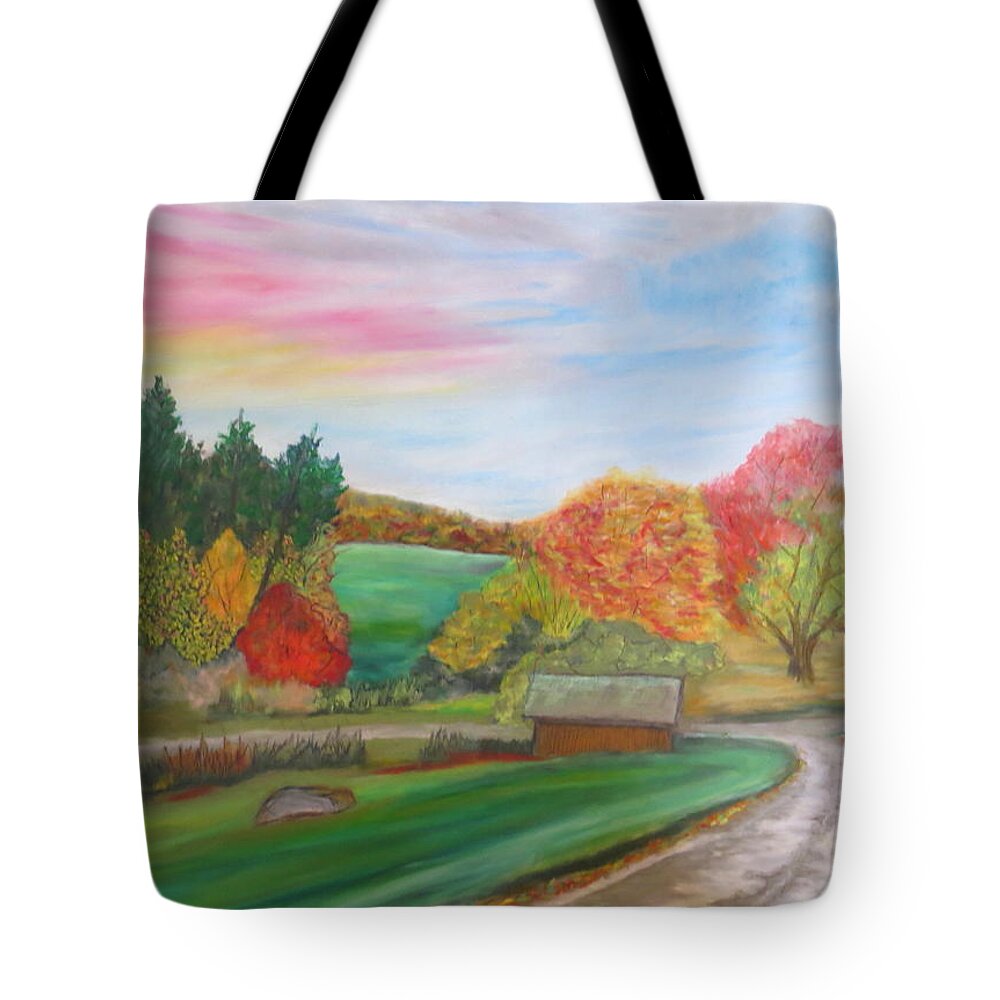 Oil Pastel Fall Leaves Mountains Trees Glynnwood Spring Cove New York Farms Pasture Pastoral Color Sky Saltwater Studio Path Road Birch Color Autumn Harvest Tote Bag featuring the pastel Road to Autumns Harvest- Glynnwood farms by Daniel Dubinsky