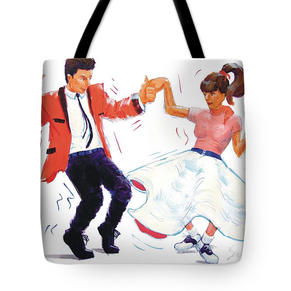 Nostalgia Tote Bag featuring the painting Rock and Roll Dancers by Mike Jory