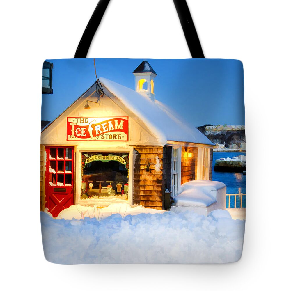 Rockport Tote Bag featuring the photograph Rockport Winter by Donna Doherty