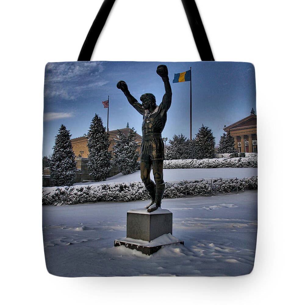 Rocky Statue Tote Bag featuring the photograph Rocky In The Snow by Alice Gipson