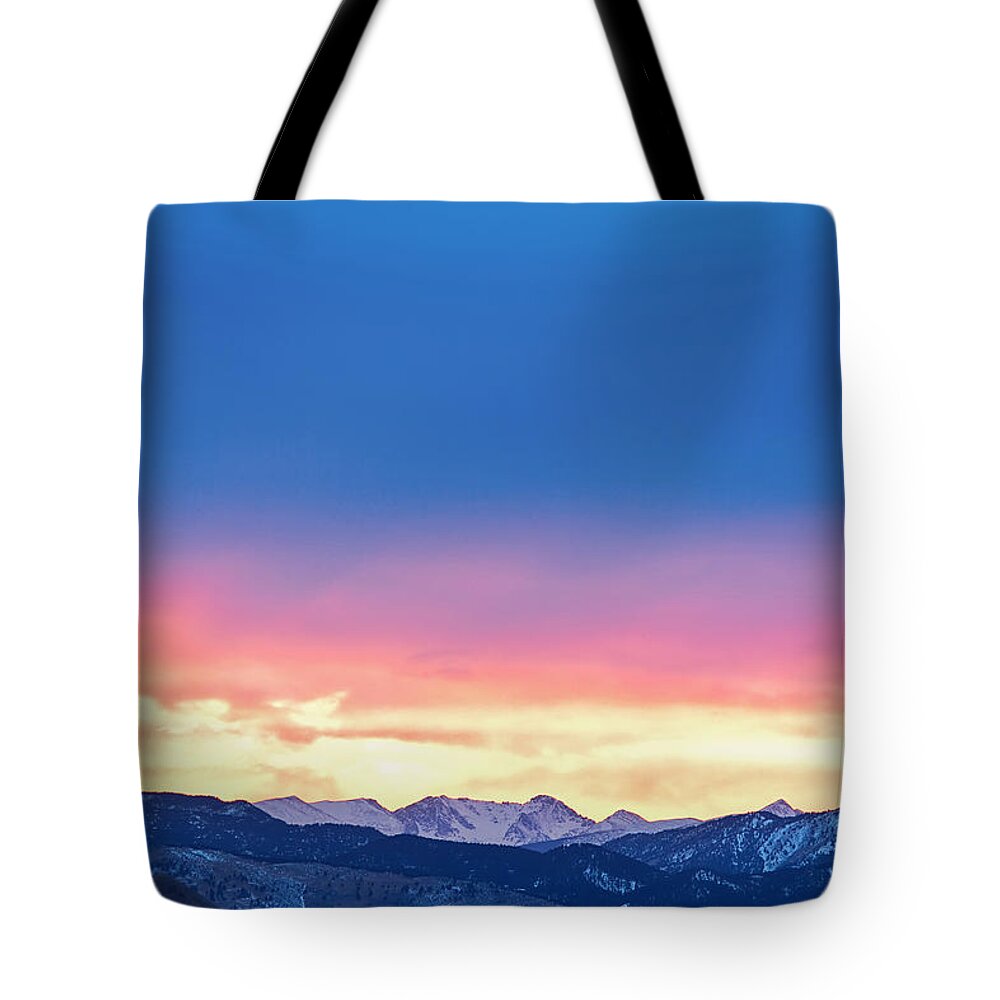 Winter Tote Bag featuring the photograph Rocky Mountain Sunset Clouds Burning Layers by James BO Insogna