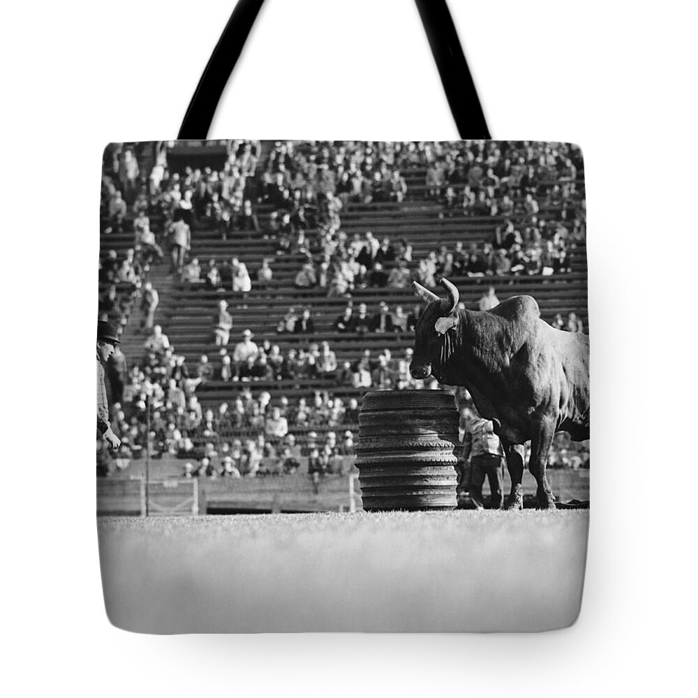 1920s Tote Bag featuring the photograph Rodeo Clown Watches Bull by Otto Rothschild