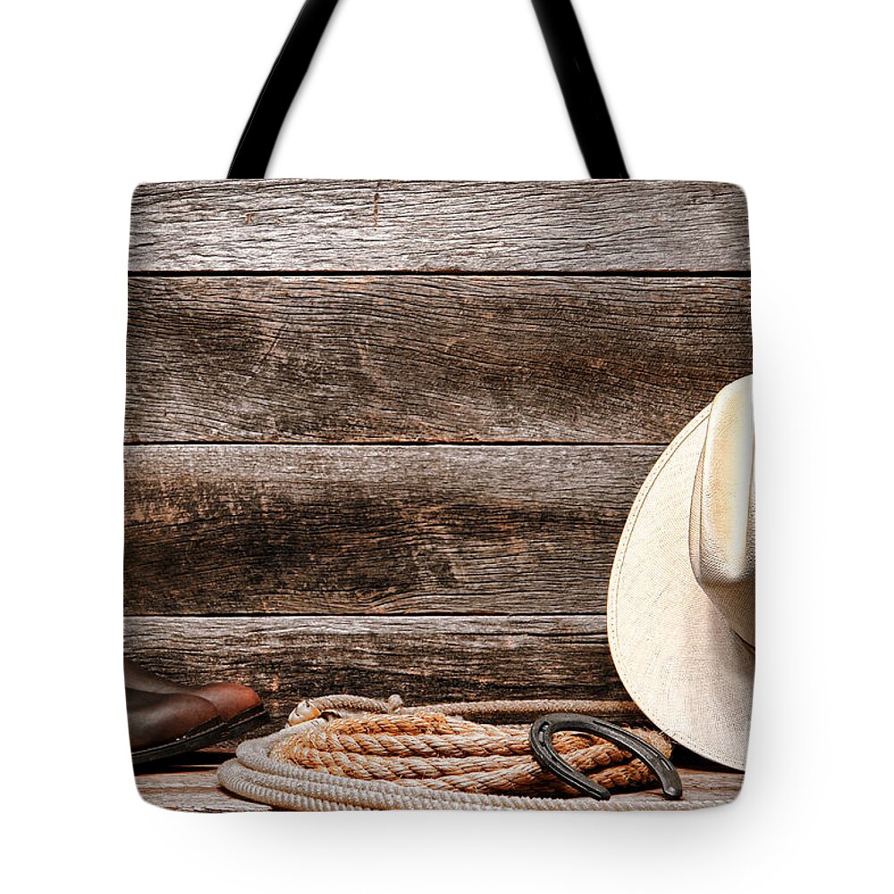 Cowboy Hat Tote Bag featuring the photograph Rodeo Still Life by Olivier Le Queinec