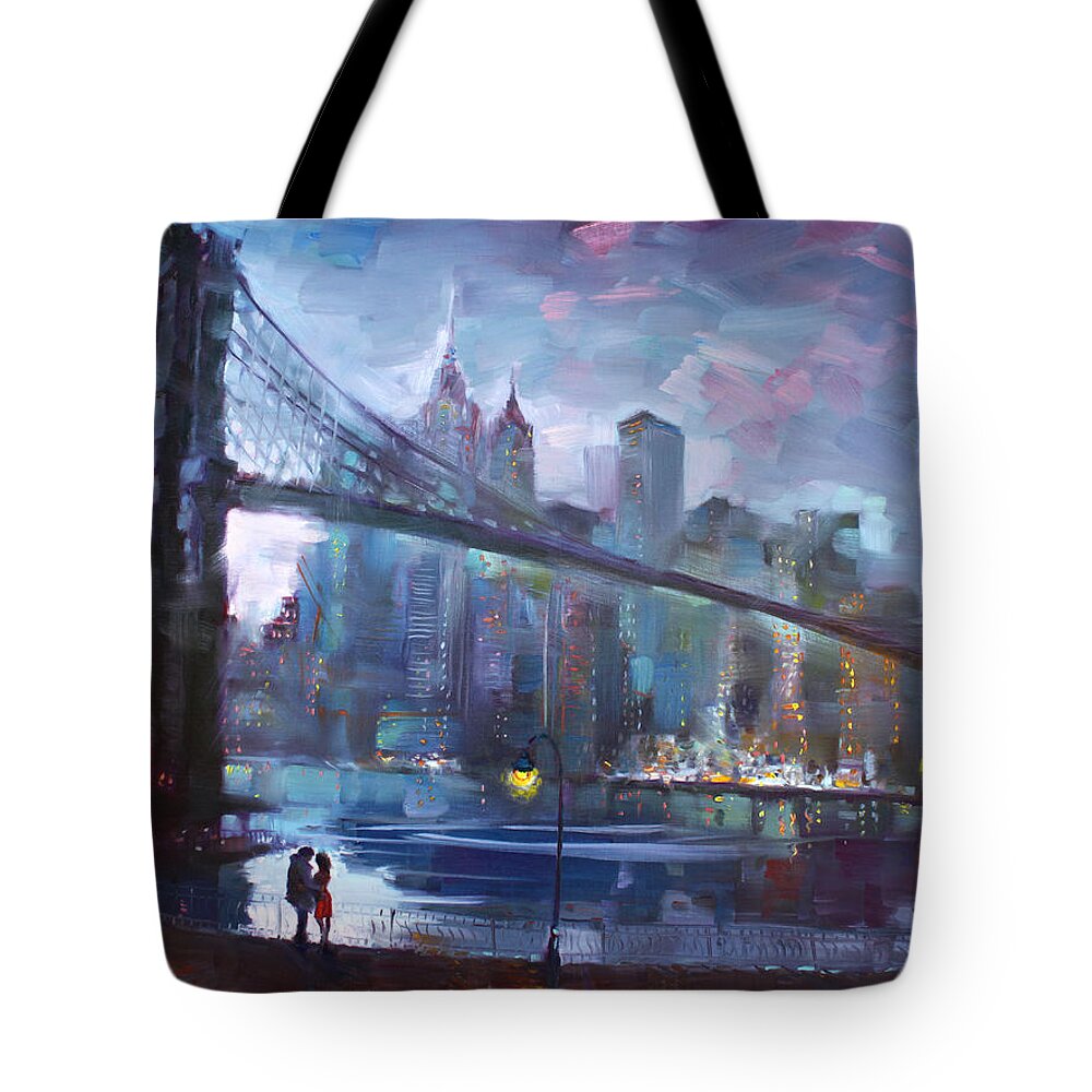 Romance Tote Bag featuring the painting Romance by East River II by Ylli Haruni