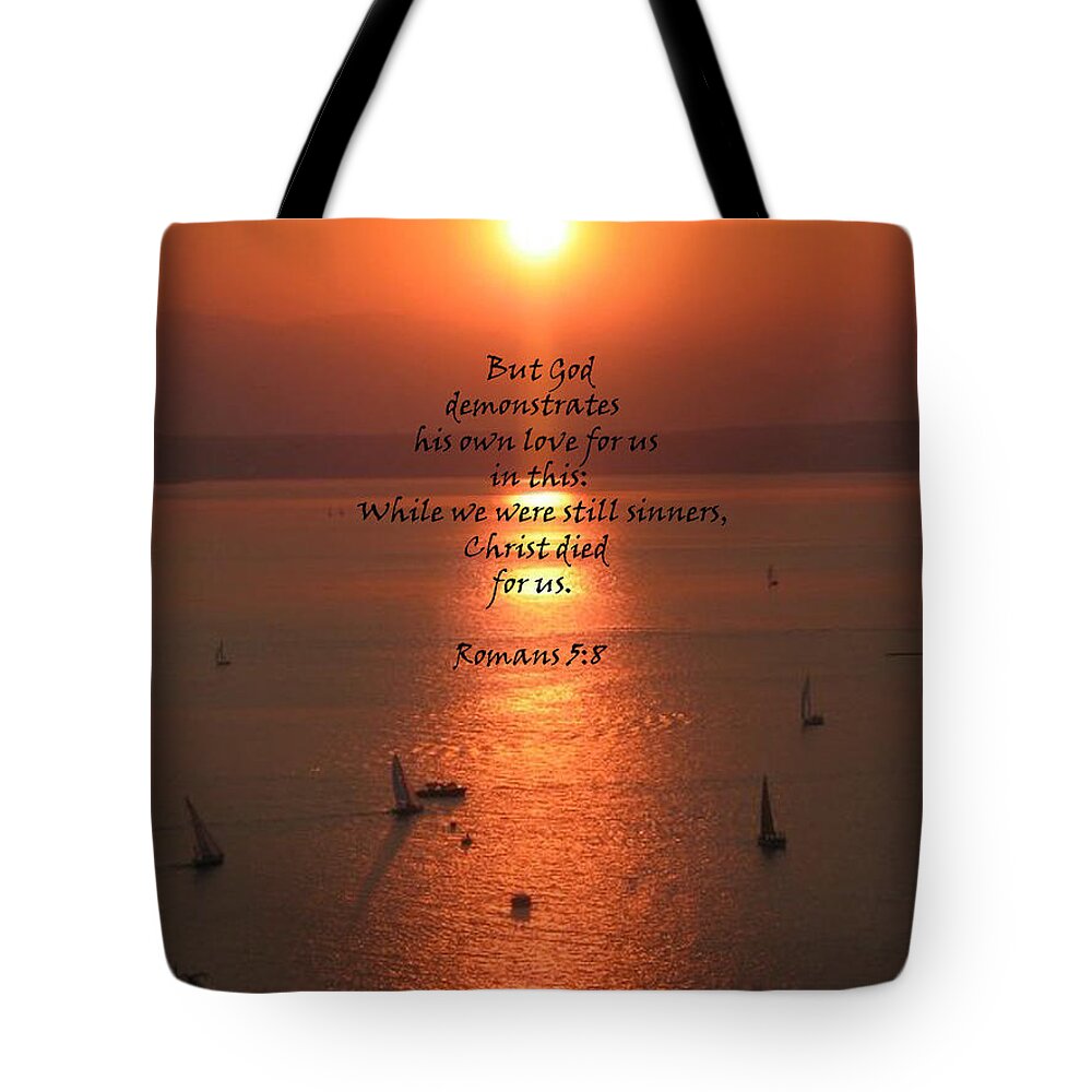 Puget Sound Tote Bag featuring the photograph Romans 5 8 by Stephanie Broker