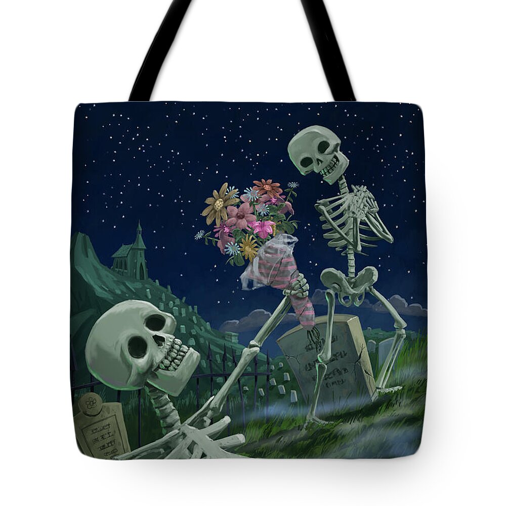 Skeletons Tote Bag featuring the painting Romantic Valentine Skeletons in Graveyard by Martin Davey