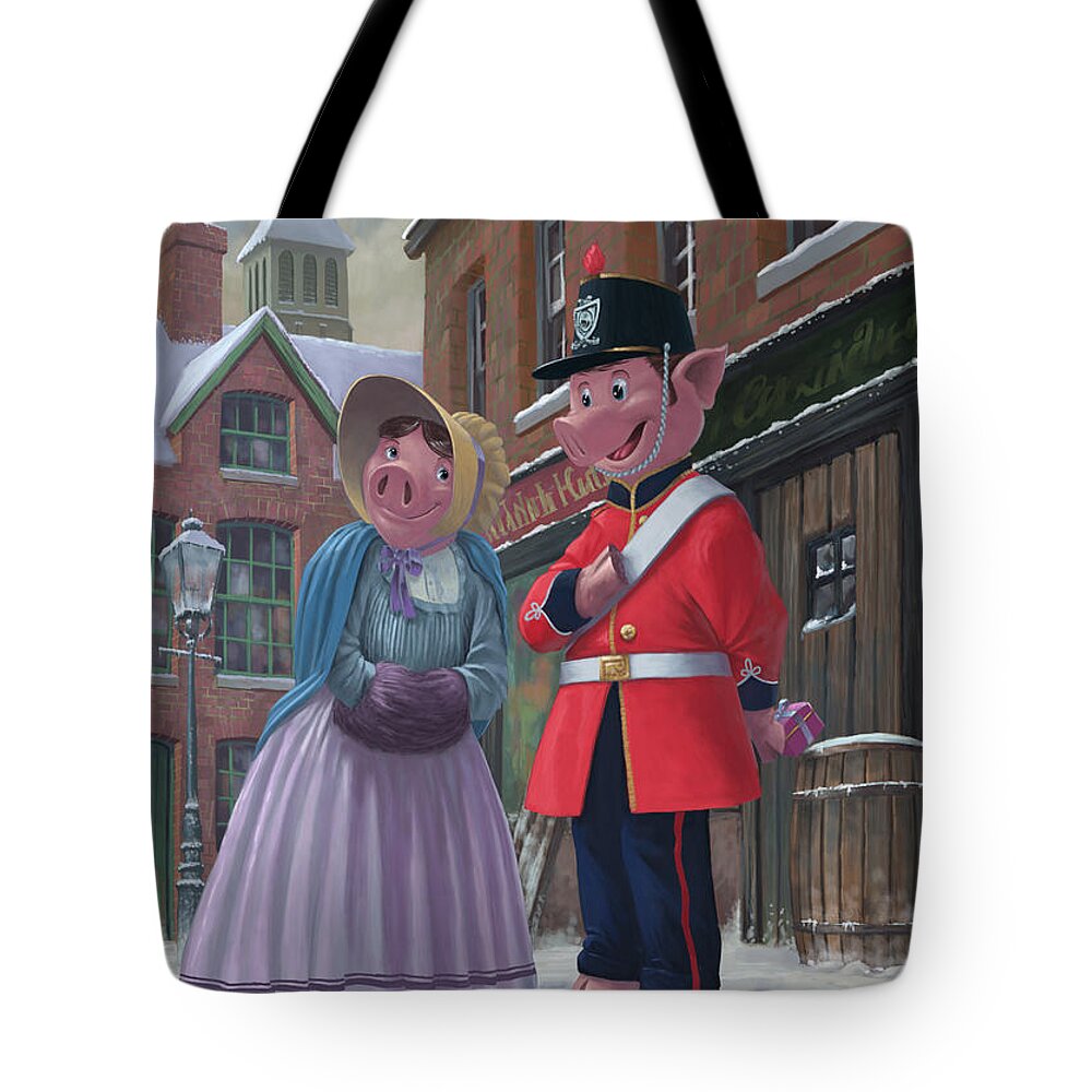 Romance Tote Bag featuring the painting Romantic Victorian Pigs In Snowy Street by Martin Davey