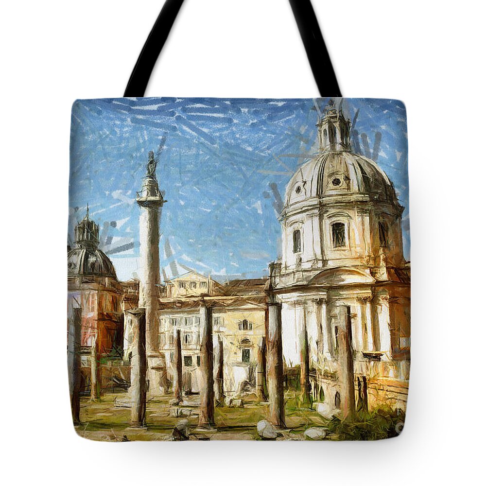 Rome Tote Bag featuring the mixed media ROME Italy - drawing by Daliana Pacuraru