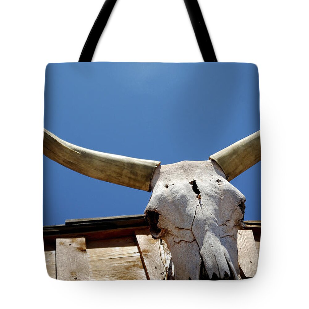Horn Tote Bag featuring the photograph Roofline Skull 21905 by Jerry Sodorff