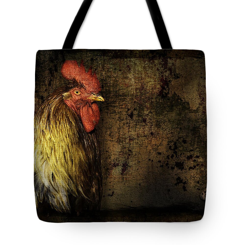 Animal Tote Bag featuring the mixed media Rooster with Brush Calligraphy Loyalty by Peter V Quenter
