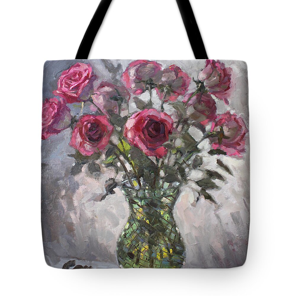 Roses Tote Bag featuring the painting Roses for Viola 2 by Ylli Haruni