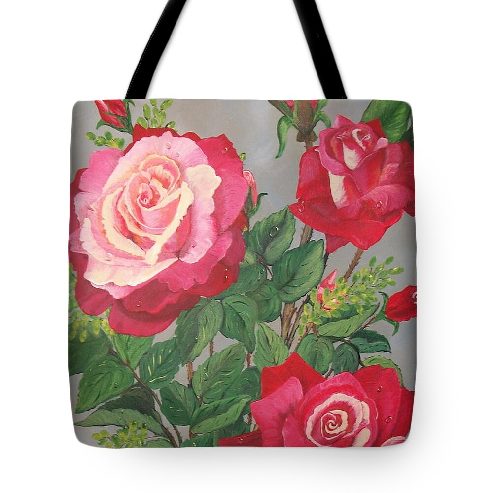   Red Roses Tote Bag featuring the painting Roses n' Rain by Sharon Duguay