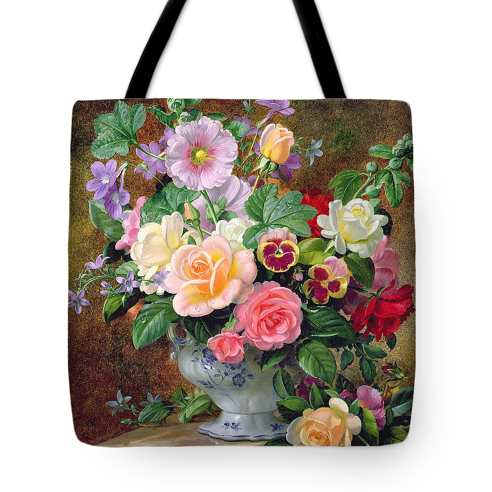 Still-life Tote Bag featuring the painting Roses pansies and other flowers in a vase by Albert Williams